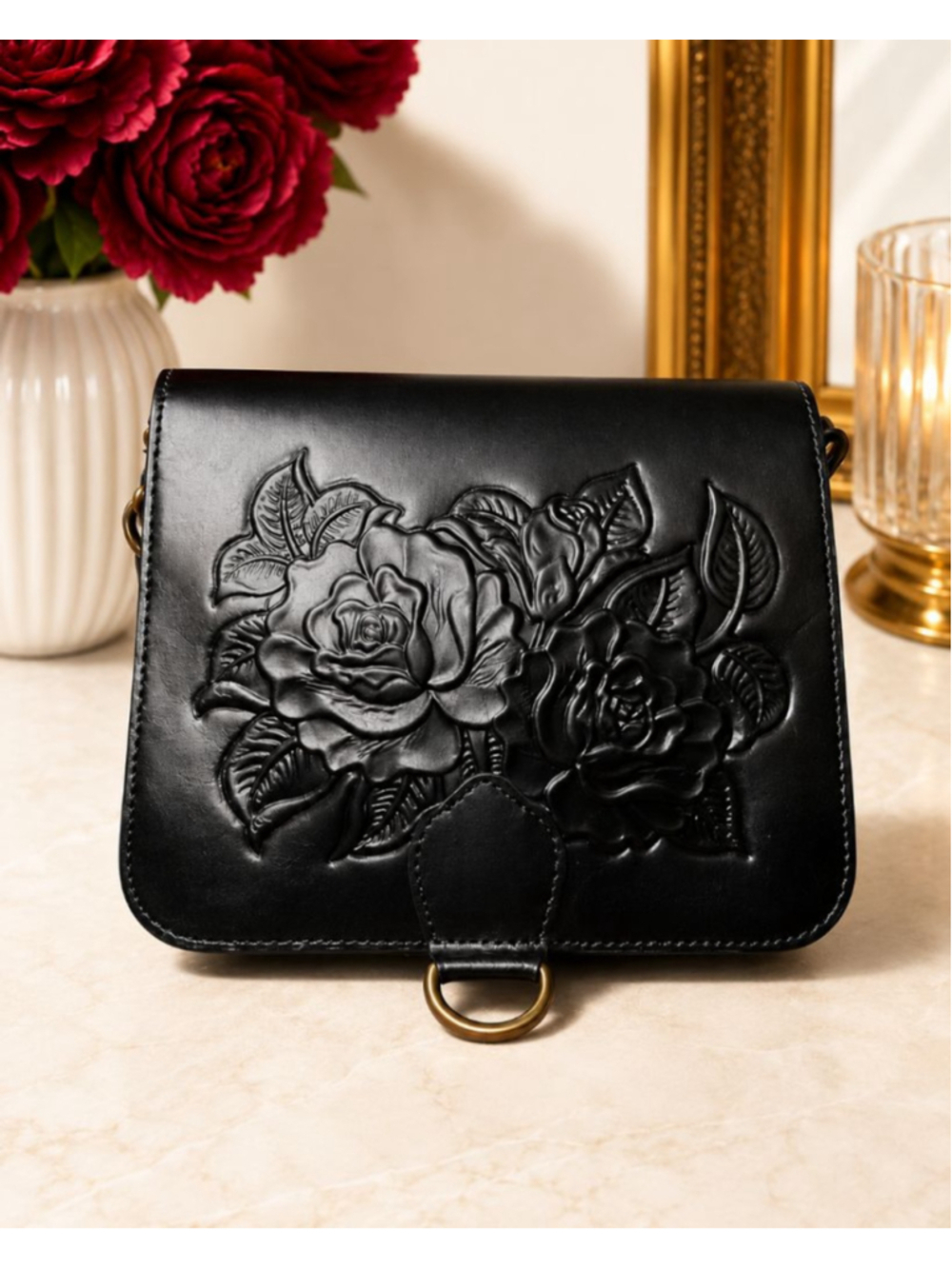 Patricia Nash Black Rose Tooled Leather Crossbody Bag One Size